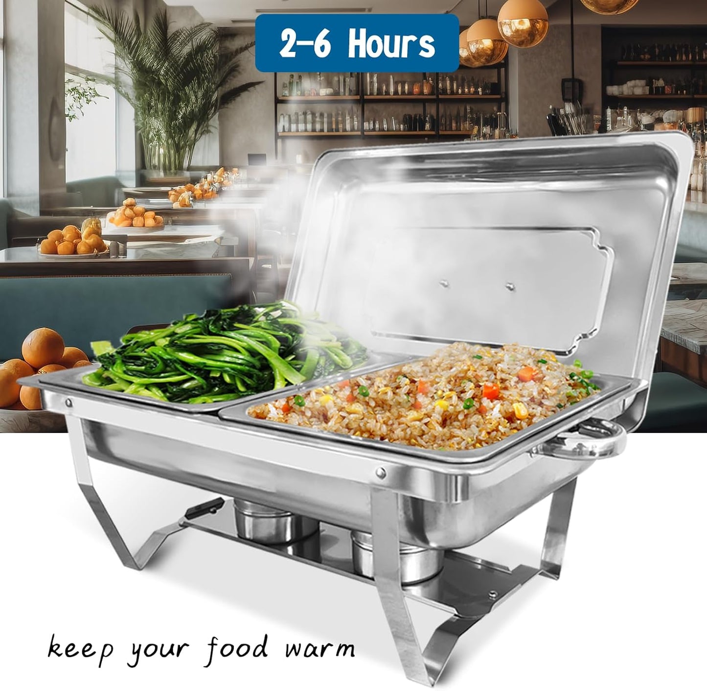 Chafing Dish for Buffet, 6 Pack Stainless Steel Chafing Servers Food Warmer Set with 8QT Half Size Food Pan for Kitchen Party Banquet Dining