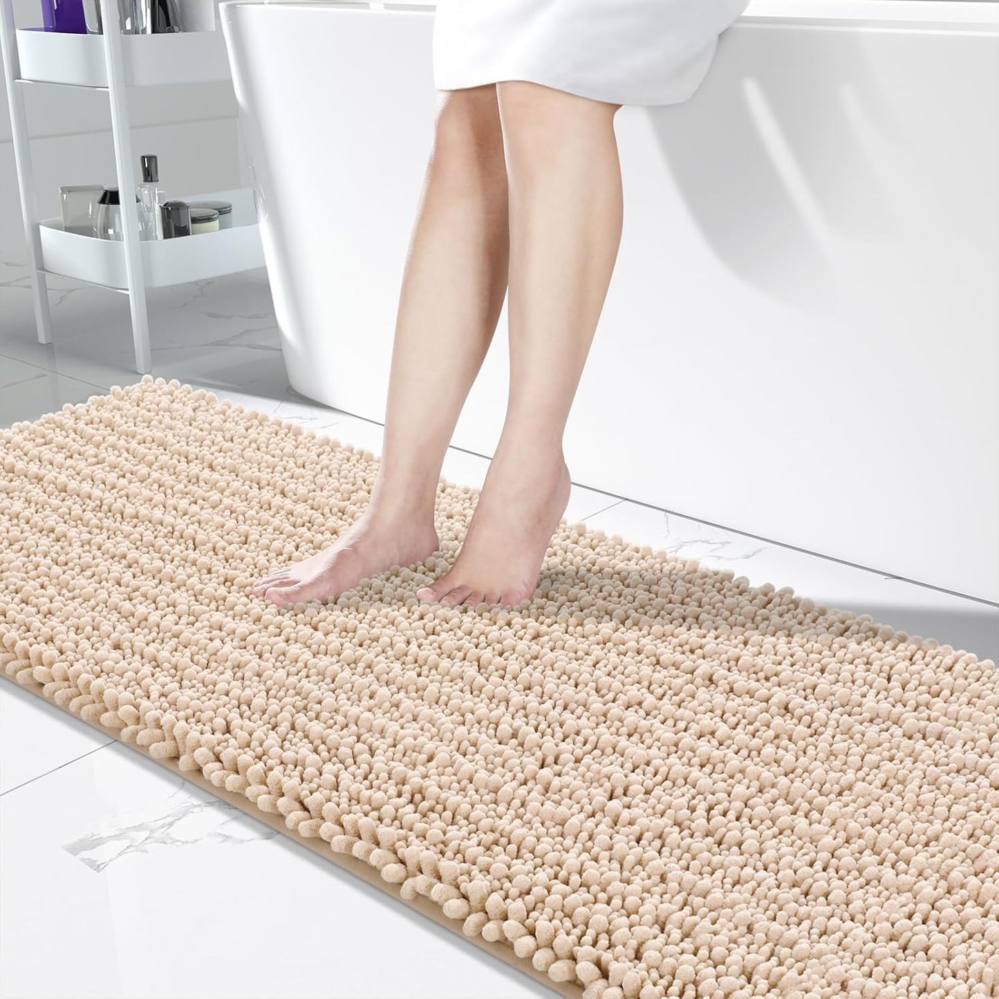 Yimobra Bathroom Runner Rug 70x24 Inch - Extra Long Non Slip Chenille Bath Mat, Soft & Absorbent, Machine Washable Shaggy Hallway Carpet for Vanity Tub Shower, Light Brown Home Decor Accessories