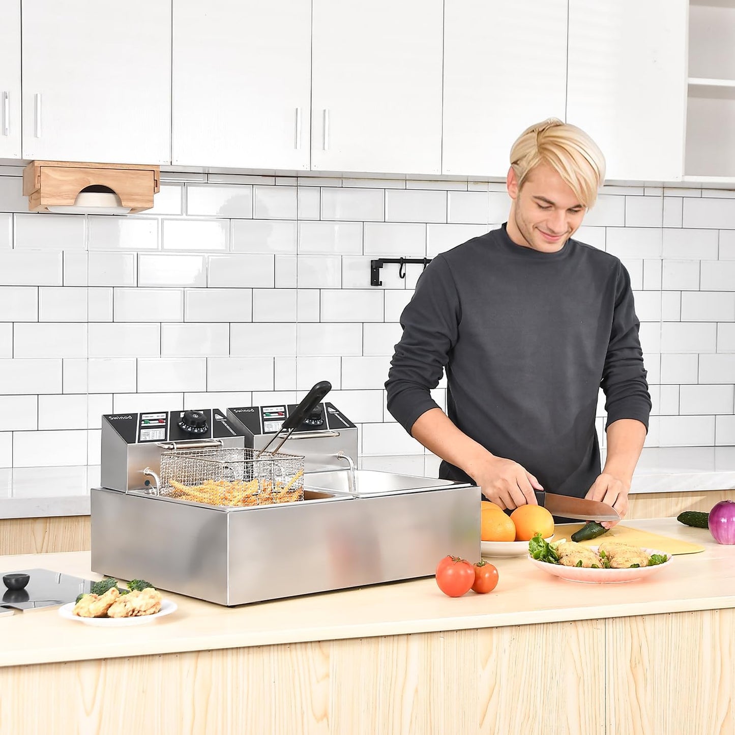 Commercial Deep Fryer with Baskets, 3400W 12.7QT/12L Thickened Stainless Steel Countertop Electric Oil Fryer, Large Capacity with Temperature Control, silver