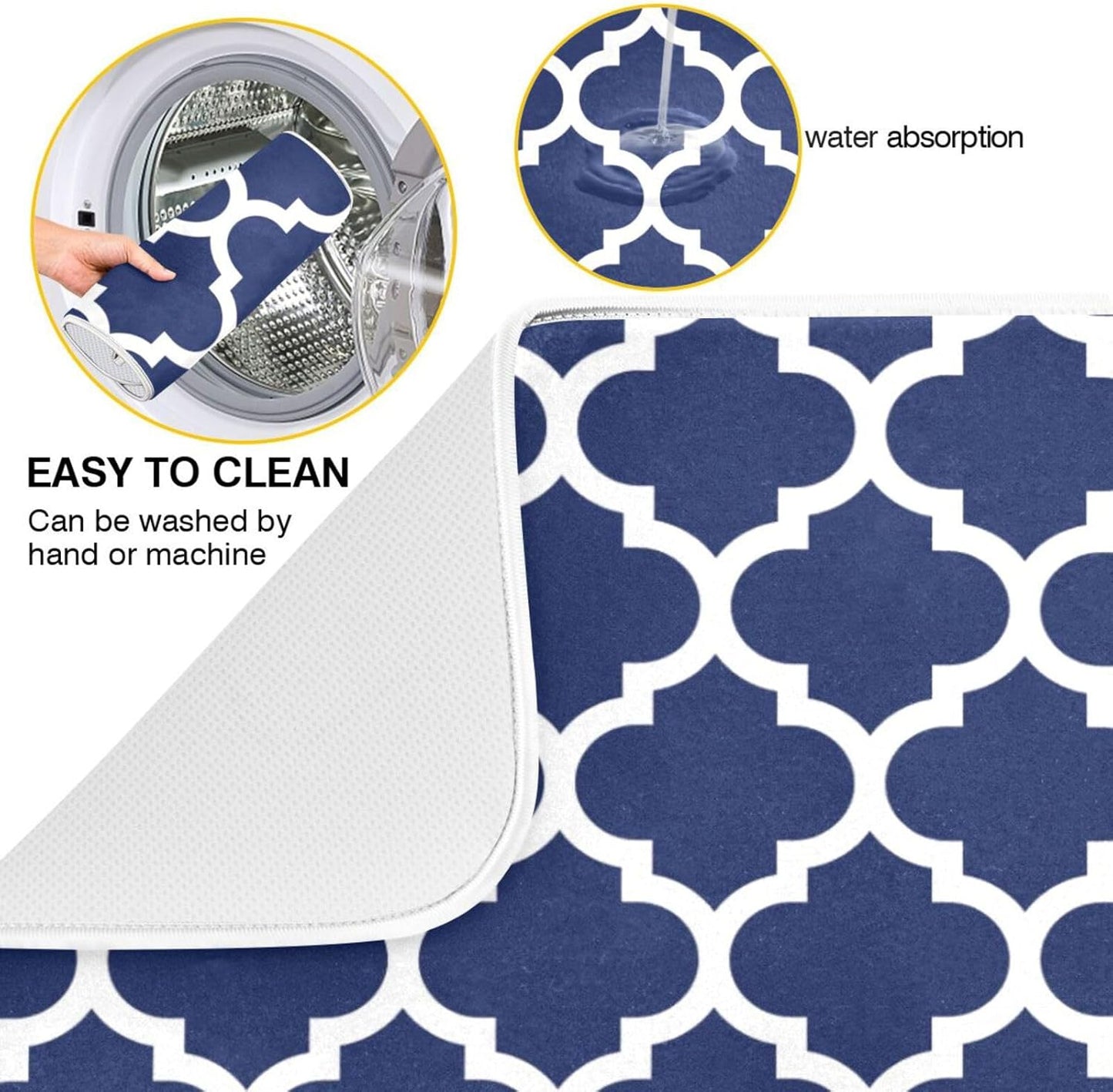 Navy Blue Trellis Lattice Dish Drying Mat for Kitchen Counter Absorbent Microfiber Drying Pad, Medium 16x18 in, Reversible Drainer Mats