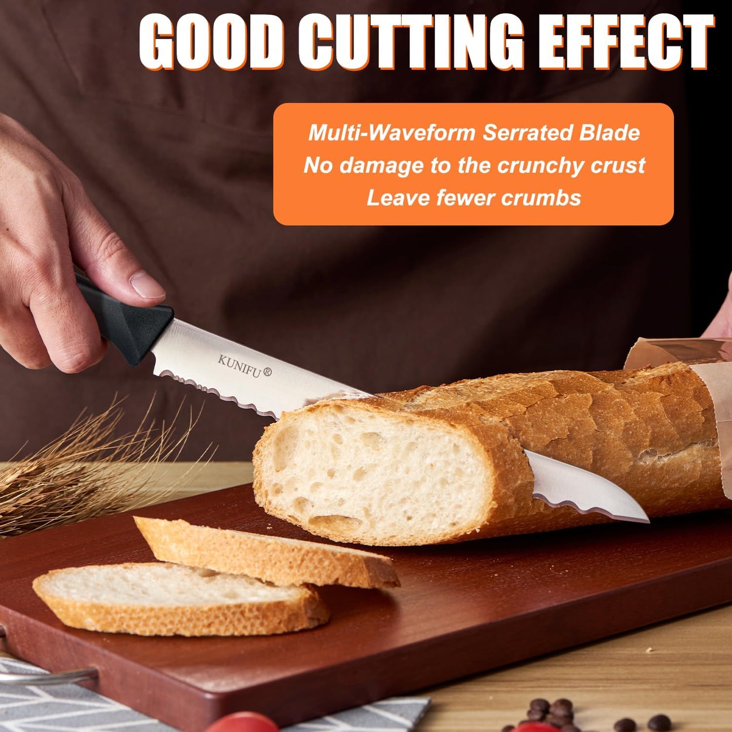KUNIFU Bread Knife, 9.0 Inch Serrated Knife For Homemade Bread, Bread Slicer For Sourdough Cake Bagels