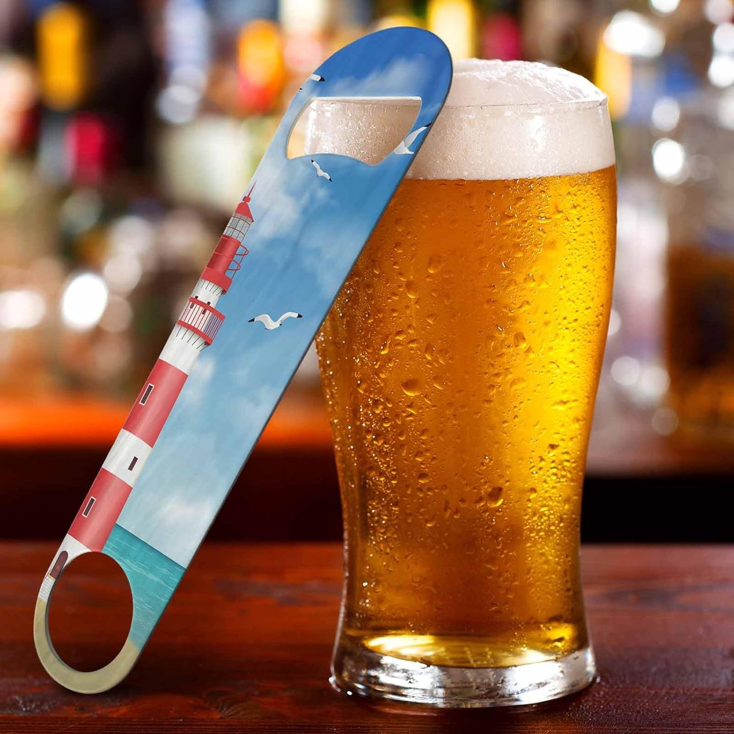 Lighthouse Stainless Steel Bottle Opener Cartoon Beach Seagull Realistic Tower Sky Sea Cloud Beautiful Scenery Flat Beer Bottle Opener Keychain for Home Kitchen Bar Restaurant Party Gift