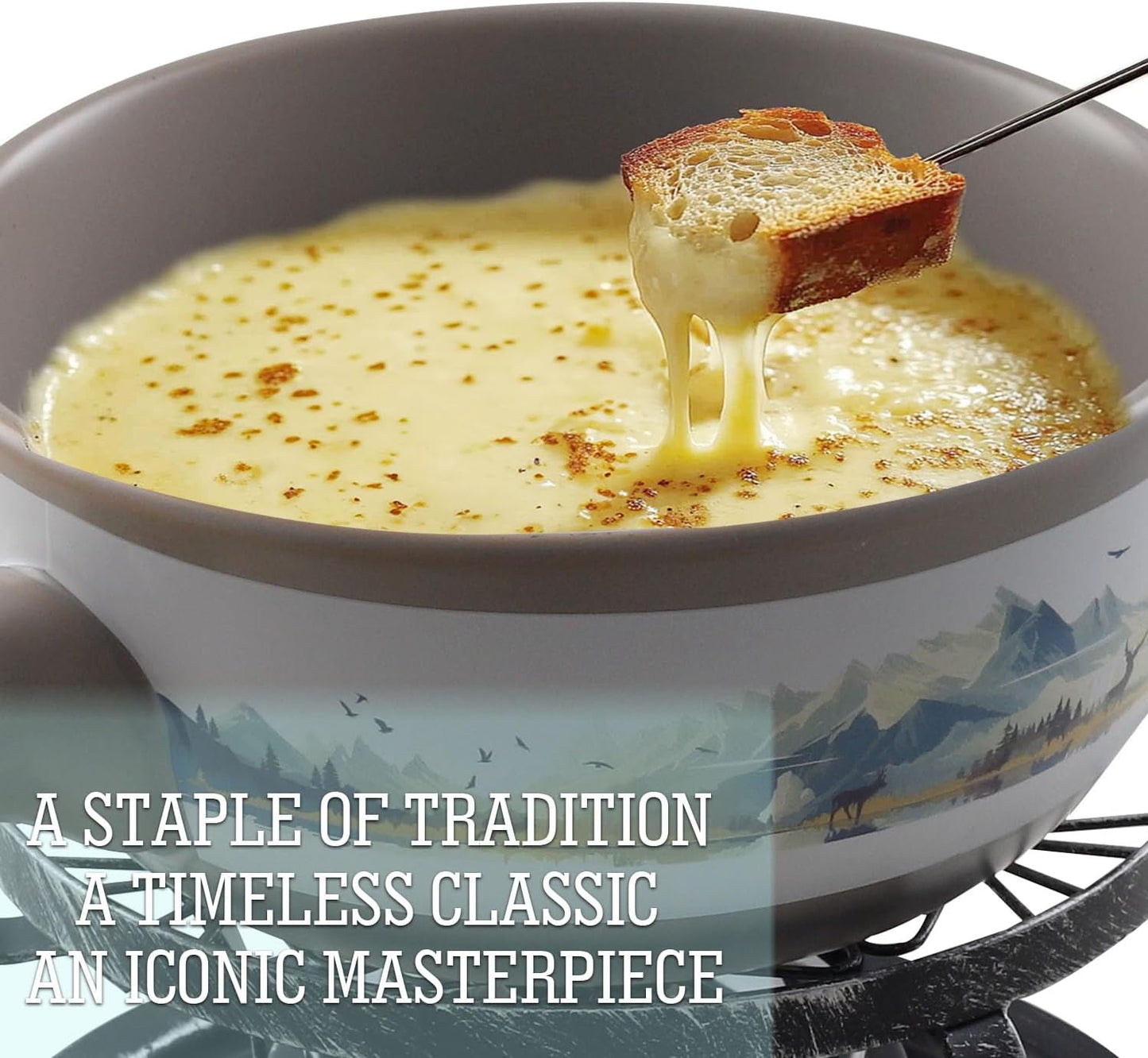 Artestia Swiss Fondue Set for Party - 2L Large Capacity Cheese Fondue Pot Melting Chocolate, Ceramic Fondue Pot, 6 Fondue Forks, Christmas, Wedding Gifts (Rockies Reverie)