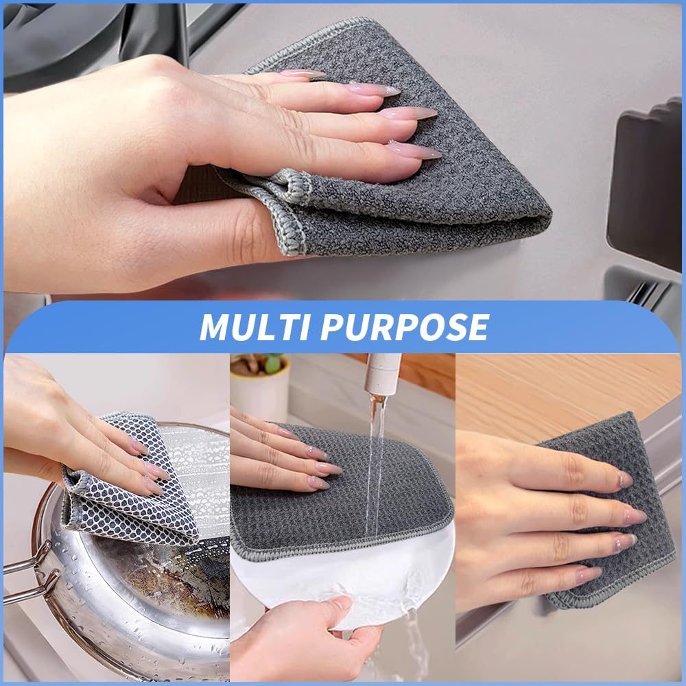 KinHwa Kitchen Washcloths for Dishes Absorbent Microfiber Dish Cloths Quick Dry Dish Rags with Poly Scour Scrub Side Ideal for Kitchen Cleaning(9, Grey, 7in)