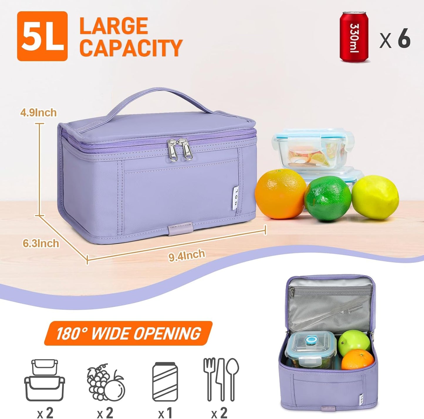 NOL Natural Organic Lifestyle Small Lunch Bag Mini Lunch Box Insulated Lunch Bag for Men/Women Leakproof Cooler Tote Bag Lightweight Nylon Waterproof Lunch Box For Work, Light purple