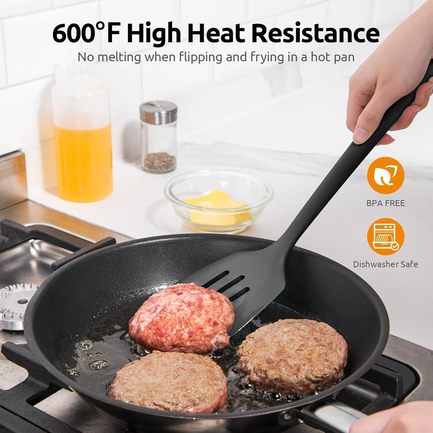 600ºF Heat Resistant Slotted Turner: U-Taste 13.6in Silicone Kitchen Spatula Flipper, 3.74in Wide Food Grade Flexible Thin Rubber Cooking Utensil for Egg, Pancake, Cookie in Nonstick Cookware (Black)