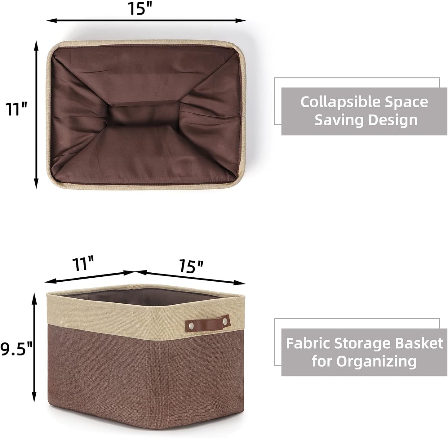 HNZIGE Large Fabric Storage Bins (3 Pack) Canvas Baskets for Storage Clothes Toys, Closet Baskets with Handles for Organizing Baby Nursery Closet Shelves Organization(Gold&Brown, 15" X 11" X 9.5")