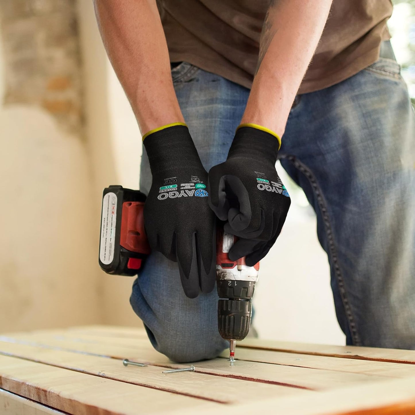 KAYGO Safety Work Gloves MicroFoam Nitrile Coated, 3 Pairs KG18NB,Seamless Knit Nylon Glove with full fingers Touchscreen, Ideal for Automotive,Warehouse,Construction (XL, Black)