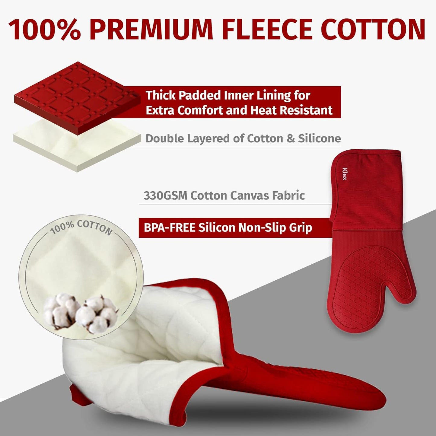 Klex Extra Long Silicone Oven Mitts and Pot Holders, 932°F Degrees Heat Resistance with Quilted Liner Oven Gloves and Hot Pads, 4 Piece Set, 15 inch, Red