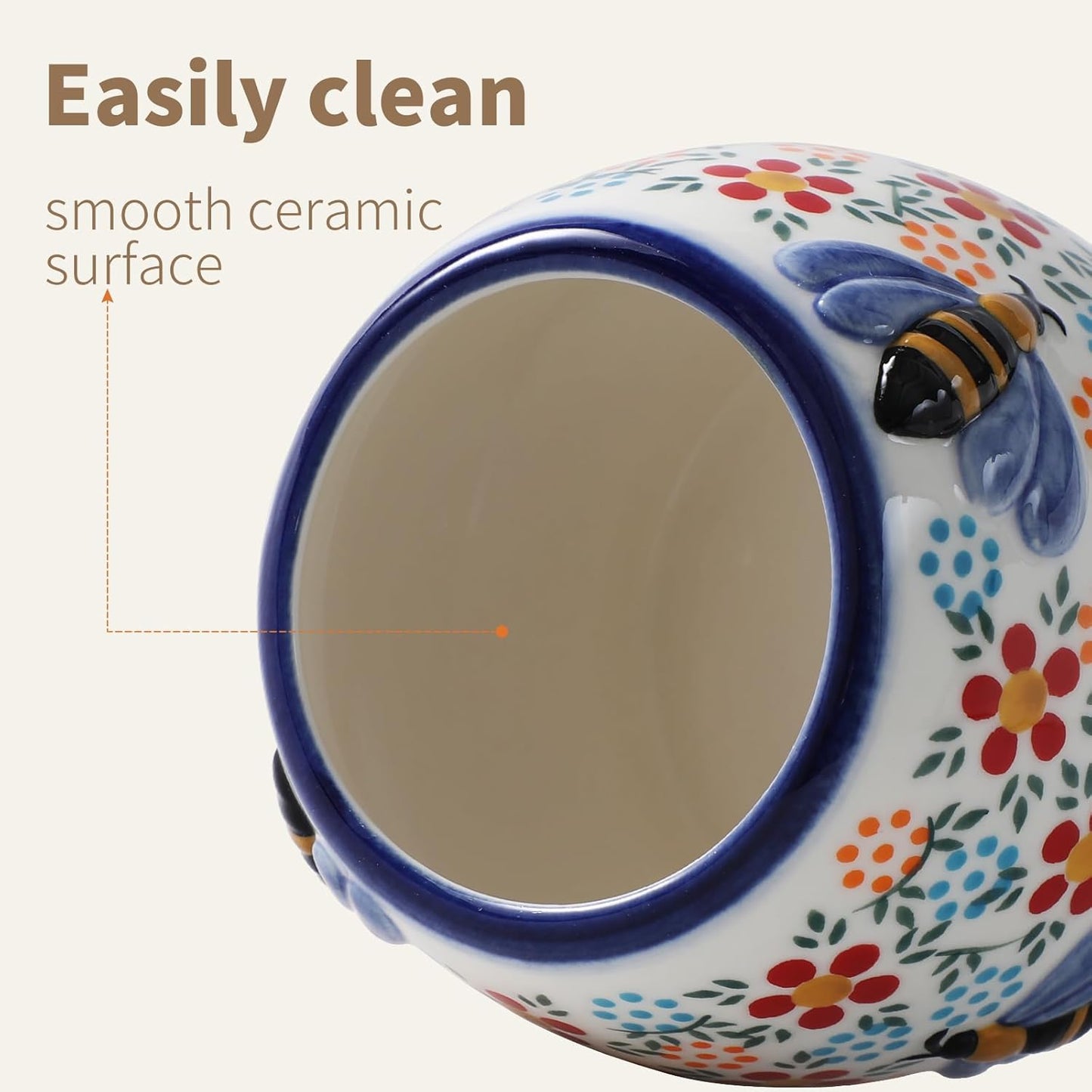 ZOOBEE 10oz Honey Jar with Dipper and Lid Farmhouse Style,Ceramic Honey Dispenser No Drip,Handpainted Honey Pot with Bees,Easily Wash-Spring Delight