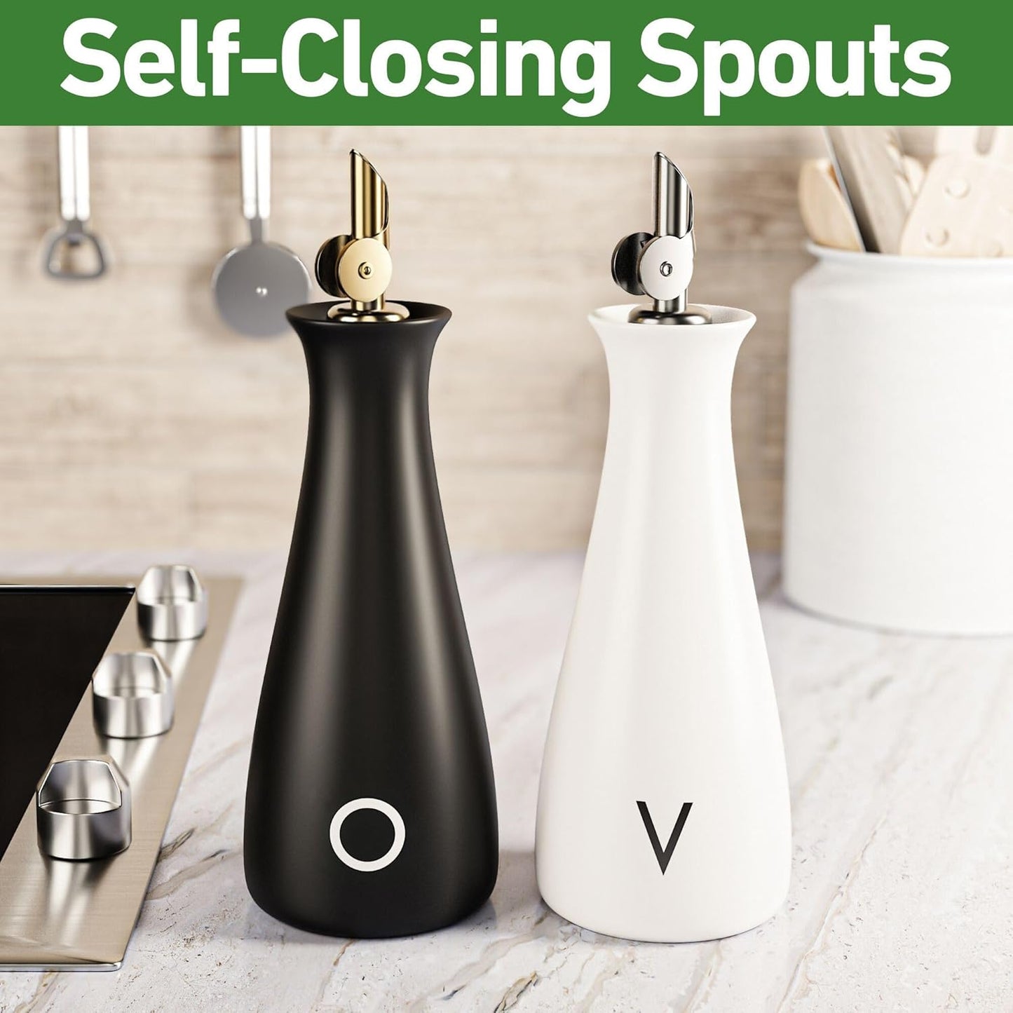 Oil and Vinegar Dispenser Set with Self-Closing Stainless Steel Spouts - 530 ML Capacity Matte Ceramic Leak Proof EVOO & Vinegar Dispensing Bottle Set of 2 - Olive Oil and Vinegar Dispenser Bottle Set
