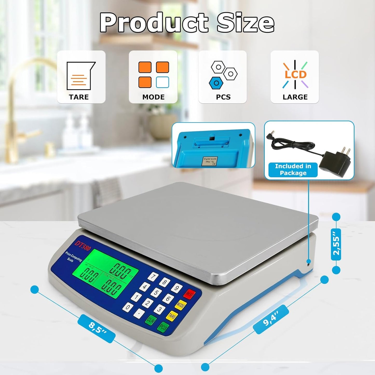 Large Digital Kitchen Scale 40kg/88lb Stainless Steel Price Computing Scale Counting Scale Deli Scale with LCD Display for Baking Bread Cooking Meat Prep Parts and Coins Adapter Included