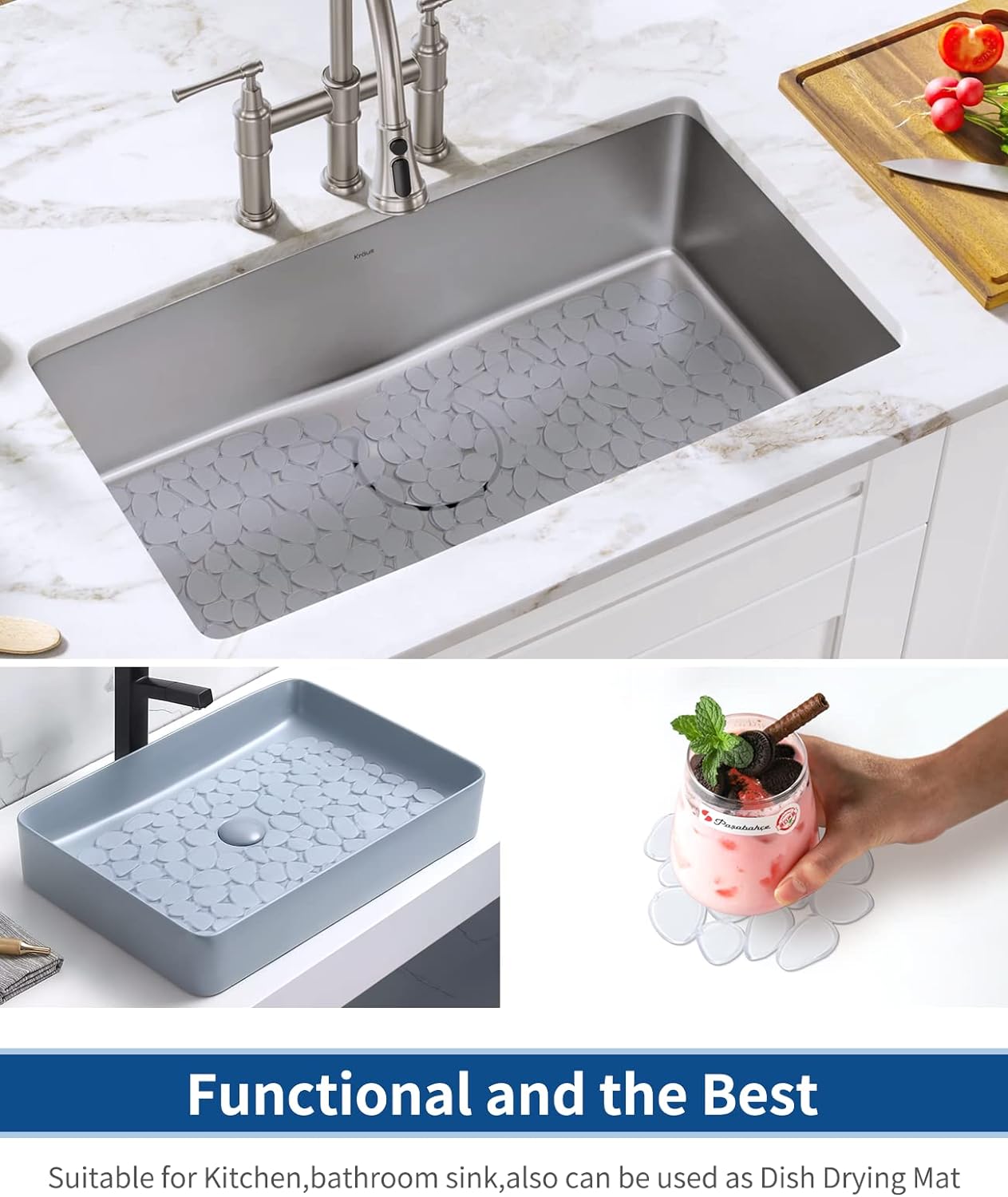 Bligli Pebble Sink Mat for Stainless Steel/Ceramic Sinks, PVC Eco-friendly Sink Protectors for Bottom of Kitchen Sink, Dishes and Glassware, Fast Draining, 15.7 x 11.8 inch (2 PACK, Clear)