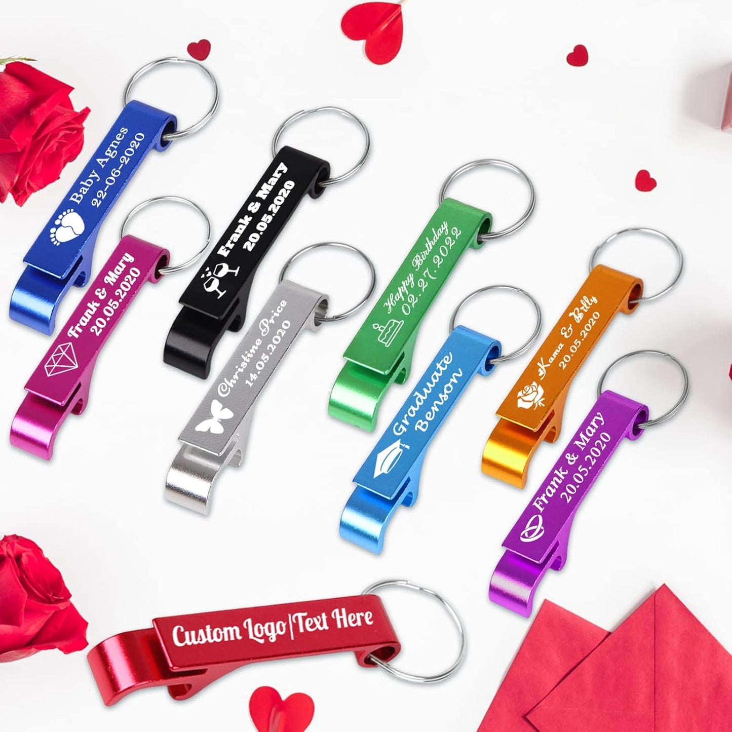 5PCS Personalized Bottle Opener Keychain Bulk Custom Beer Bottle Opener with Logo Text Engraved Wedding Bottle Opener Favors Customized Gifts for Guests Baby Shower Birthday Party-Red