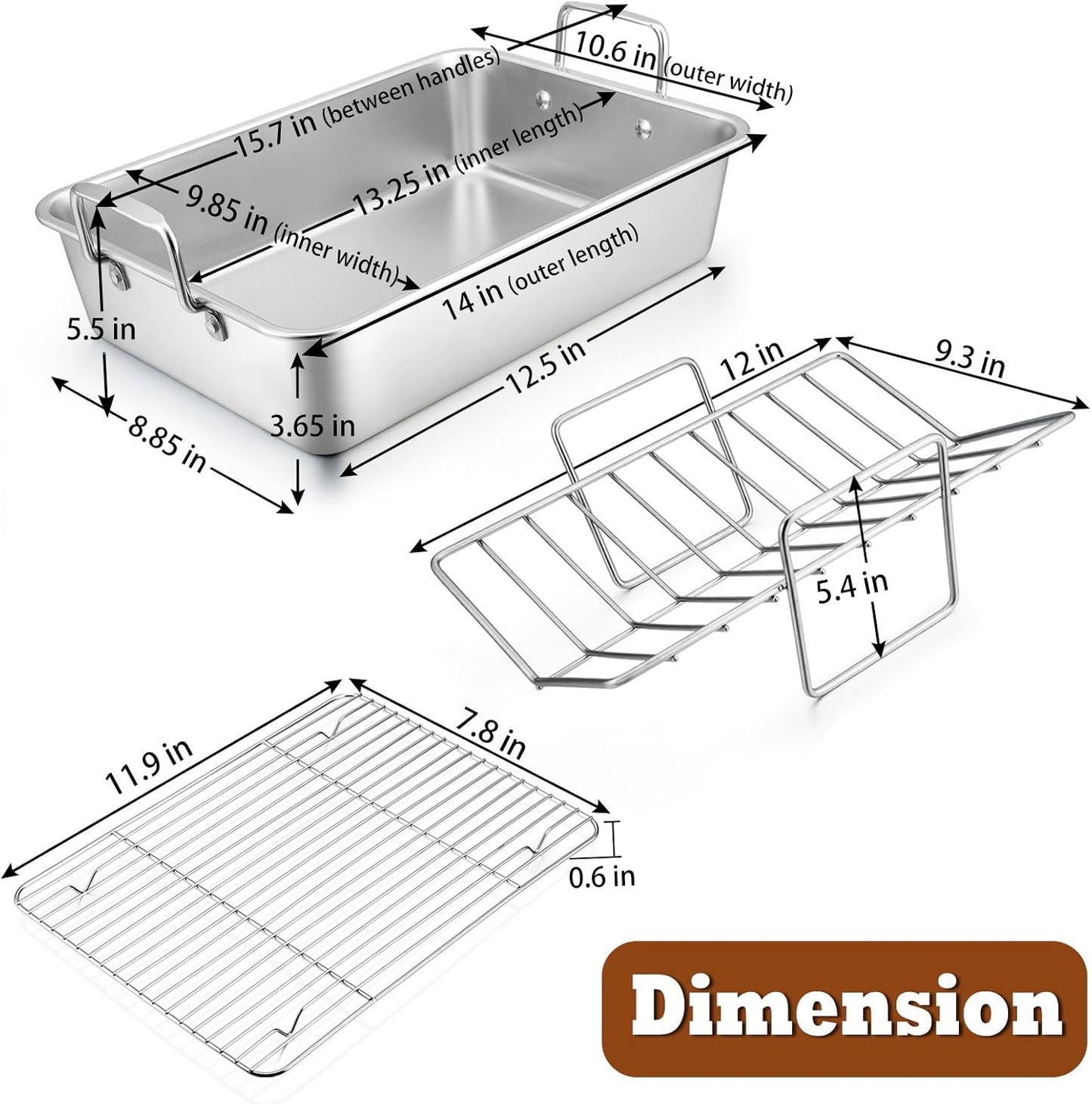 P&P CHEF 14" Roaster Roasting Pan with Baking Rack and V-shaped Rack, Stainless Steel Rectangular Lasagna Pan with Handles for Turkey Chicken, Healthy & Dishwasher Safe, 3 Pieces, Silver