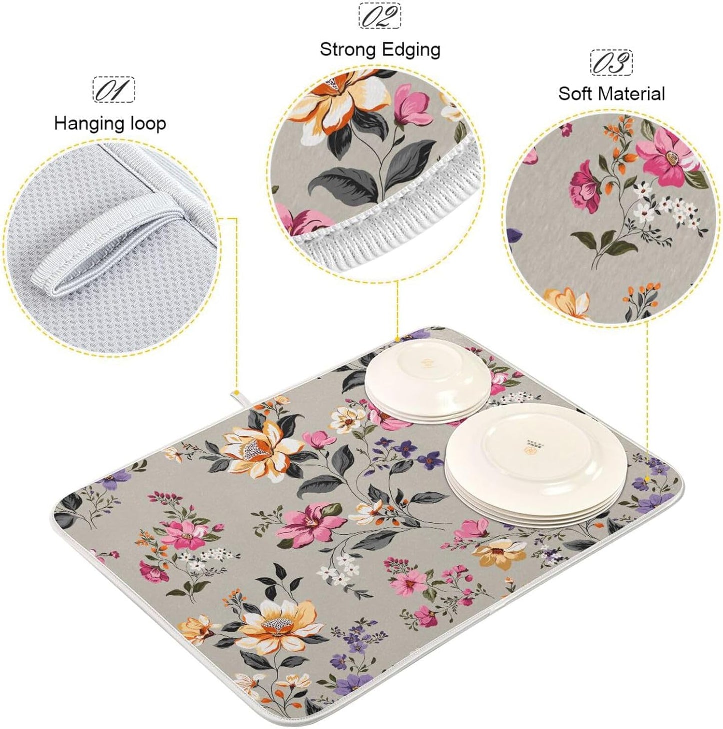 Vintage Flowers Leaves Dish Drying Mat for Kitchen Counter Absorbent Microfiber Drying Pad, Medium 16x18 in, Reversible Drainer Mats