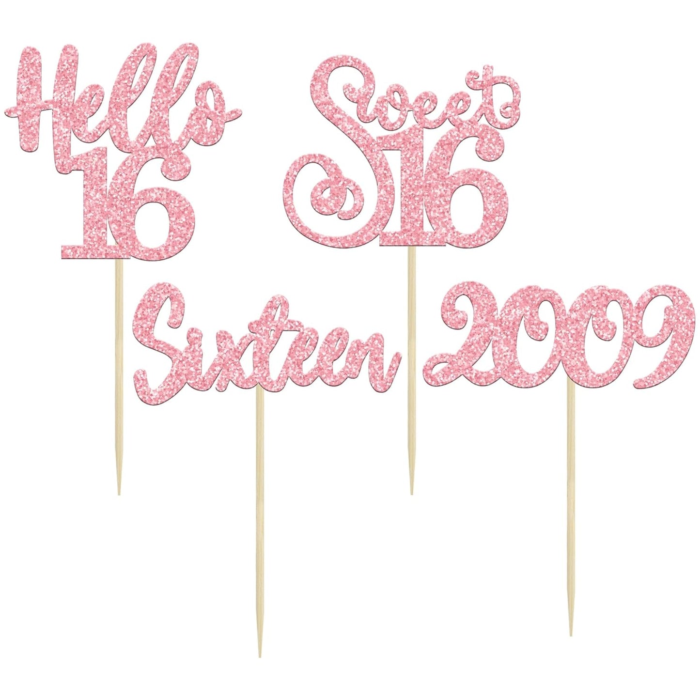 Gyufise 24Pcs Happy 16th Birthday Cupcake Toppers Glitter Hello 16 Sweet 16 Sixteen Years Old Cupcake Picks for Celebrating 16th Birthday Anniversary Party Cake Decorations Supplies Pink