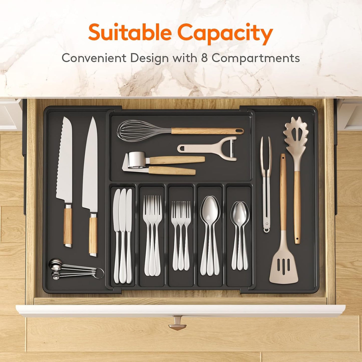 Lifewit Silverware Drawer Organizer, Expandable from 15.4 to 27 inches, Utensil Tray for Kitchen, Adjustable Cutlery Holder, Plastic Flatware Storage for Spoons Forks Knives, Extra Large, Black