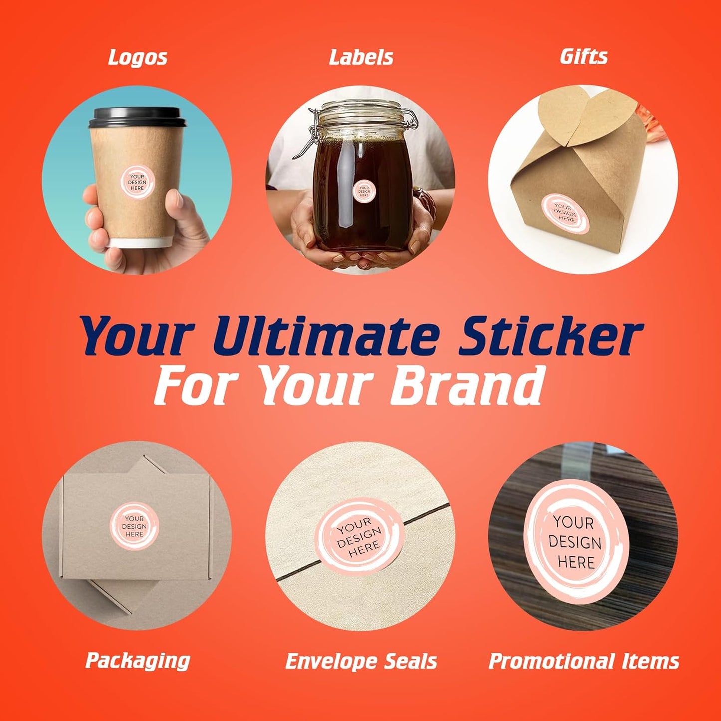 100 Custom Vinyl Stickers - Upload Your own Image, Text, Design, Logo - Personalized Logo Labels for Handmade, Packaging, Bottle, Jars, Candle, Brand Stickers (Peach, 1x1)