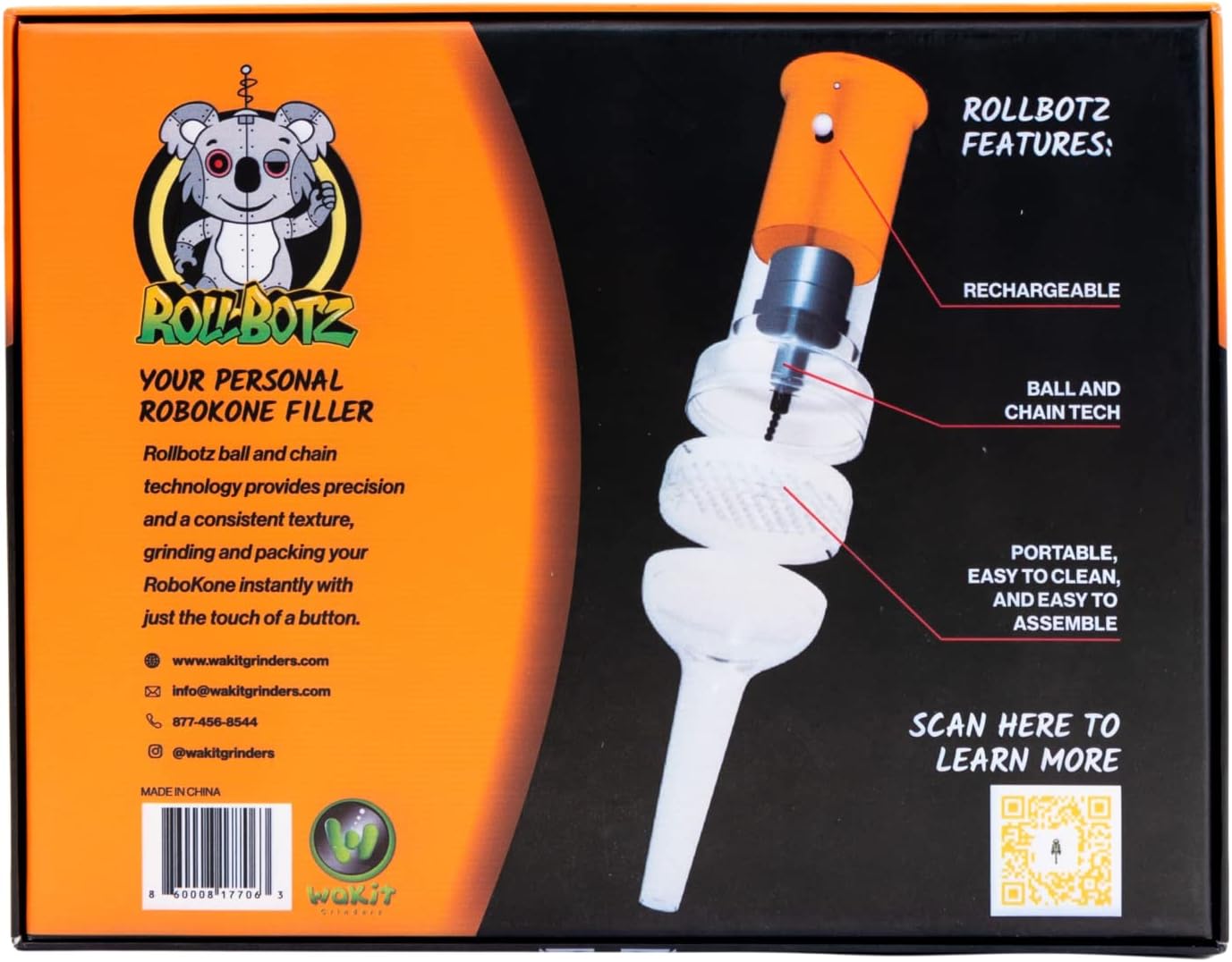Wakit Koala Rollbotz RoboKone Filler Ball and Chain Grinder Mill with Funnel - USB Rechargeable Grinder