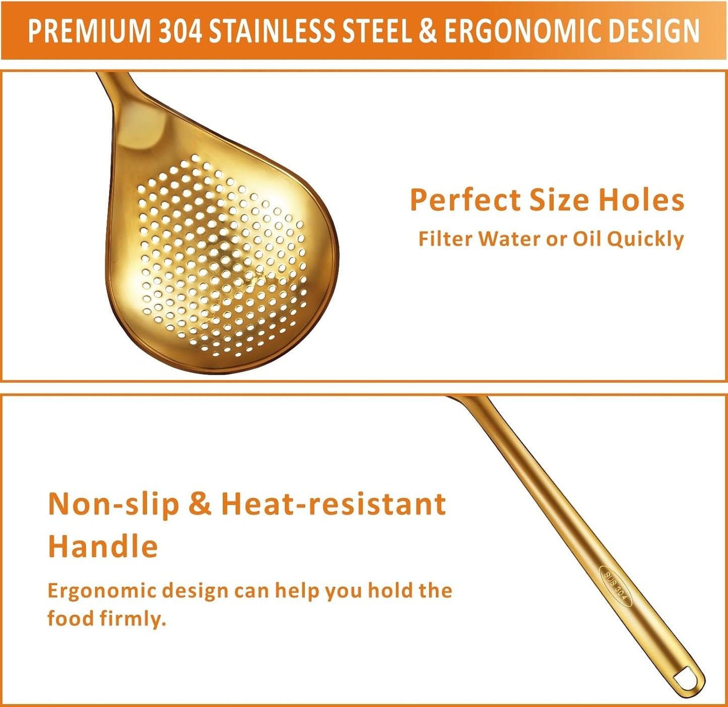 Large Gold Serving Slotted Spoon, 304 Stainless Steel Set, Stainless Steel Soup Ladle Spoon, Metal Gravy Ladle, Solid Slotted Spoon for Mixing, Serving, Stirring, Salad, Soup, 14 Inch