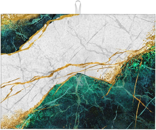 Marble Green Dish Drying Mat 18x24 for Kitchen Counter, Green White Modern Decorative Absorbent Coffee Mat Dish Drying Pad Coffee Bar Dish Drainer Rack Mat Drainer Mat