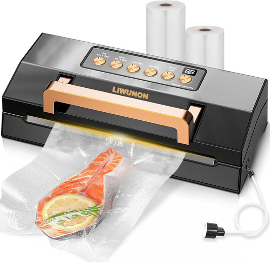 Powerful Suction Vacuum Sealer Machine,Commercial Fully Automatic Food Vacuum Sealer with Double Heat Seal,Dry & Moist Modes,Built-in Cutter,Bags Storage,Easy-Lock Handle,Include 2 Bag Rolls (Black)