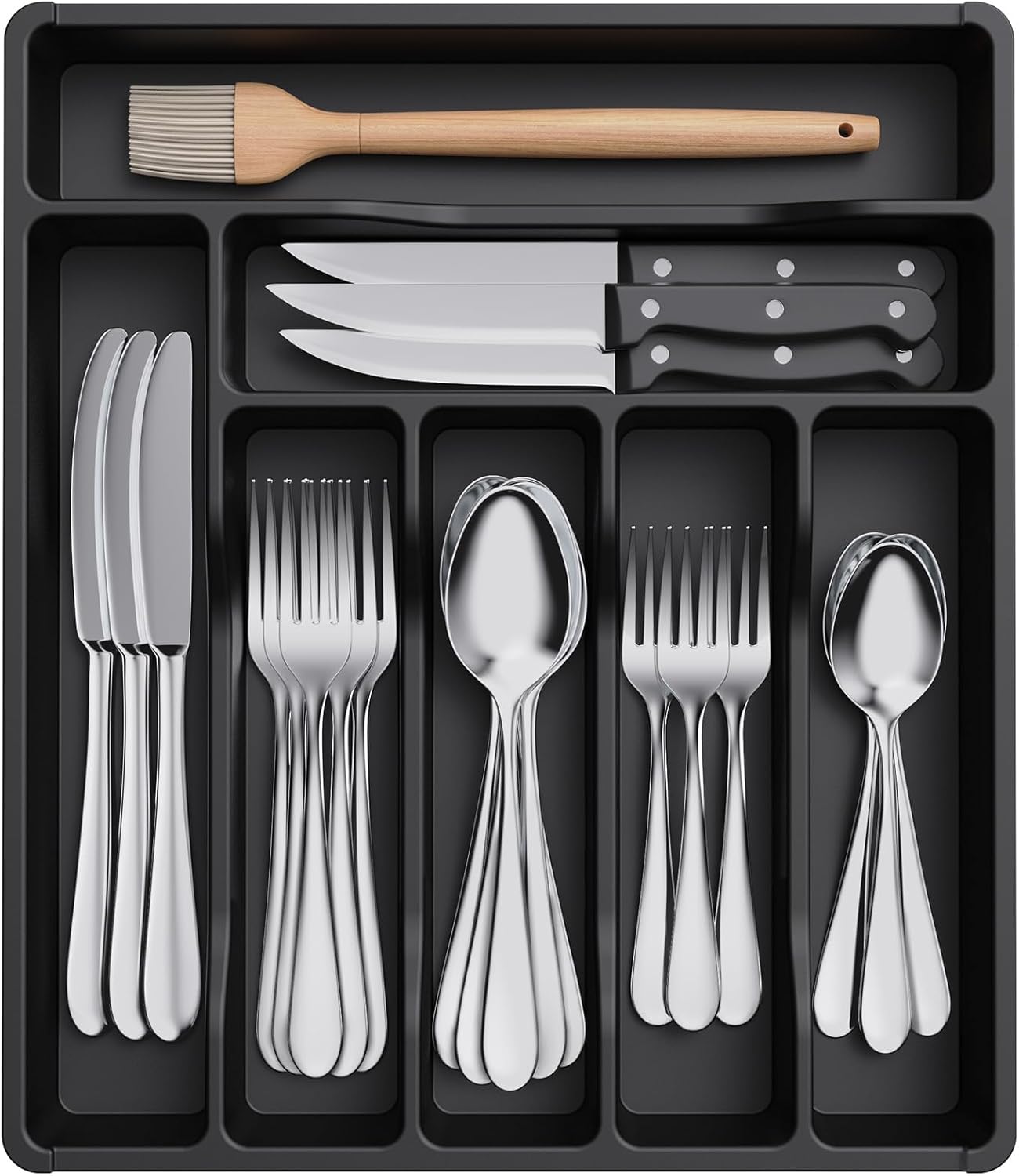 Lifewit Silverware Drawer Organizer Tray, Plastic Cutlery Storage for Kitchen Drawer, Flatware and Utensil Holder Divider for Spoons Forks Knives Tableware, 7 Compartment, Black