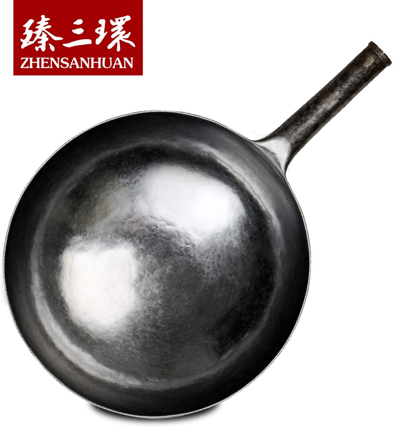 臻三环 ZhenSanHuan Chinese Hand Hammered Iron Woks and Stir Fry Pans, Non-stick, No Coating, Carbon Steel Pow (32CM, Blue Black - Seasoned)