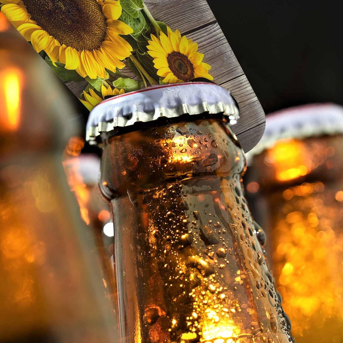 Sunflowers Stainless Steel Bottle Opener Wooden Board Yellow Flower Rustic Fence Natur Color Simple Flat Beer Bottle Opener Keychain for Home Kitchen Bar Restaurant Party Birthday Gift