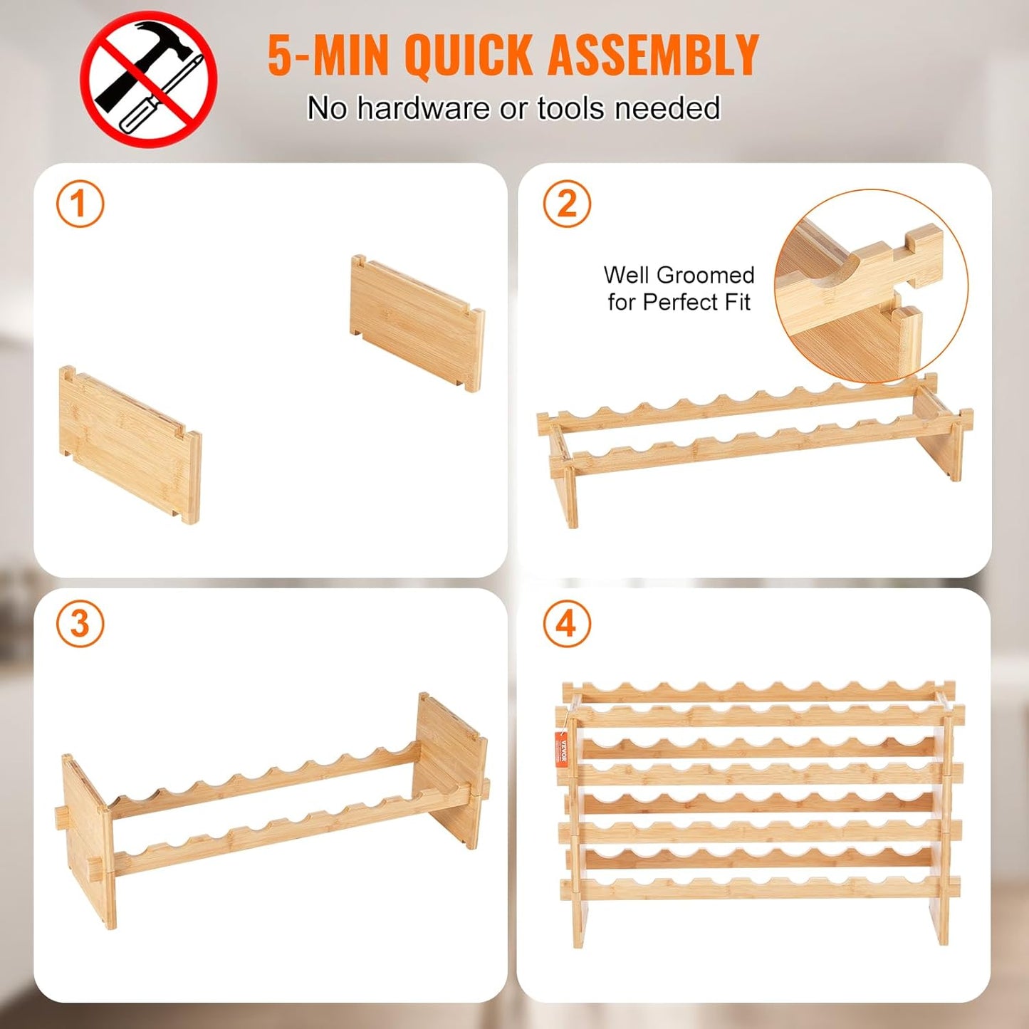 VEVOR 18 Bottle Stackable Modular Wine Rack, 2-Tier Solid Bamboo Wood Storage Racks, Floor Freestanding Wines Holder Display Shelf, Wobble-Free Shelves for Kitchen, Bar, and Cellar (Natural Color)