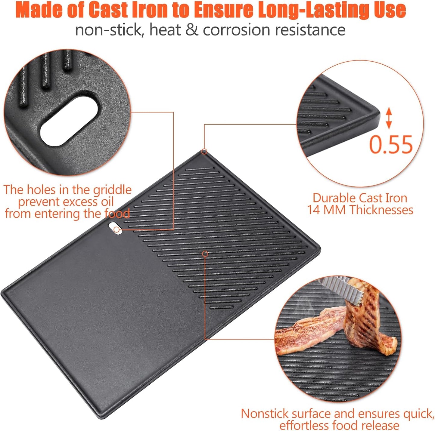 QuliMetal Reversible 7598 Griddle Replacement Parts for Weber Spirit 300 & GS4 Spirit II 300 Series Grills, Spirit E310, Genesis Silver Gold B C, Genesis 1000-5000 Cast Iron Griddle Plate 7658, 1 Pack