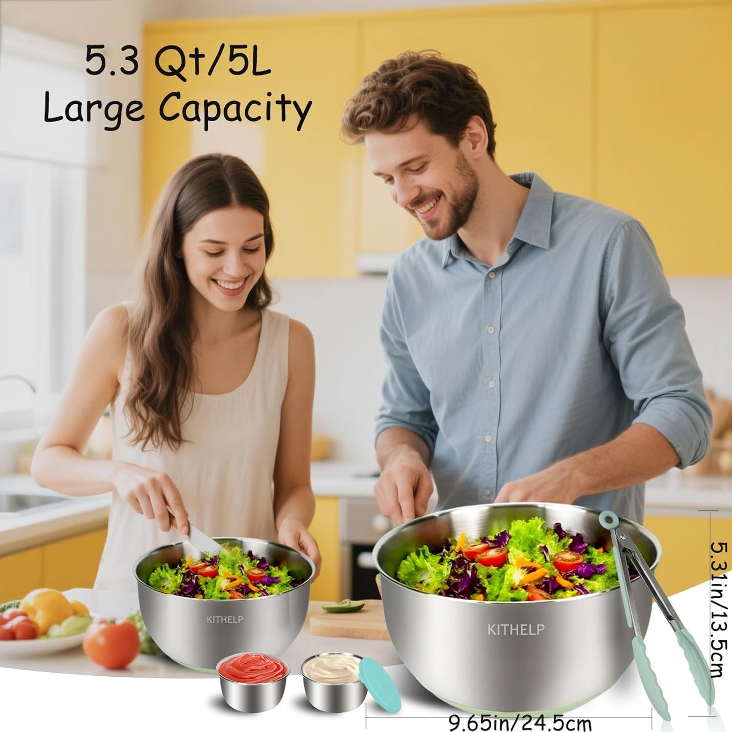 Stainless Steel Salad Spinner Large, Vegetables Fruits Wash Bowl with Strainer, Lettuce Spinner Dryer with 5 Blades Slicer, Egg Yolk Strainer, Shredder for Efficient Salad Preparation 5.3Qt