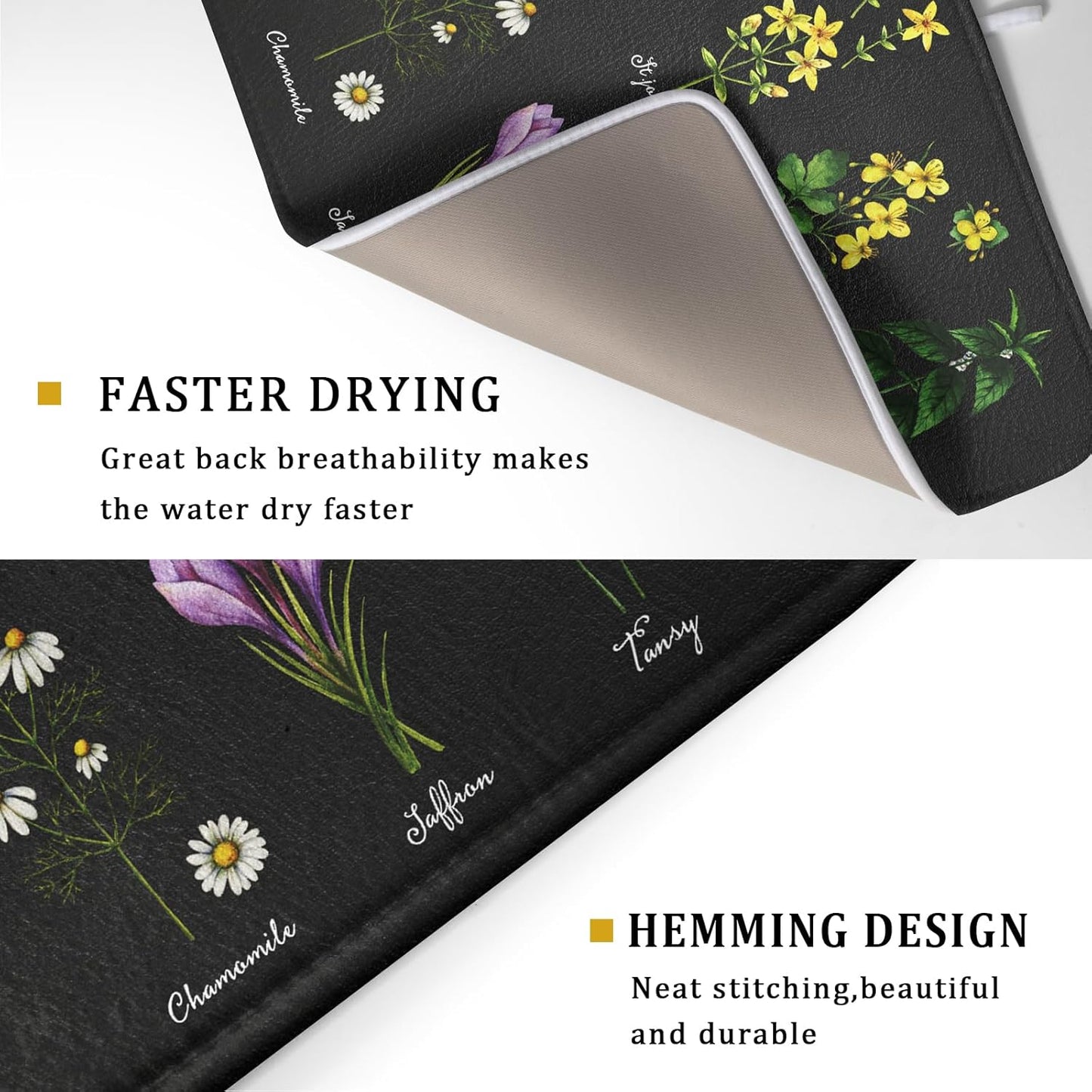 Black Flower Herbs Dish Drying Mat 18x24 Inch Botanical Floral Microfiber Drying Mats with Hanging Loop Foldable Absorbent Dish Drainer Rack Pad