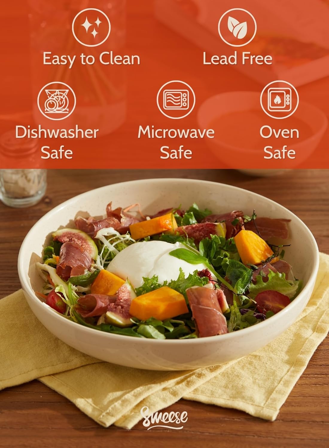 Sweese 30 Oz Salad Serving Bowls Set of 6, 8.4 Inch, Porcelain Pasta Plates - Microwave Dishwasher Safe, Beige