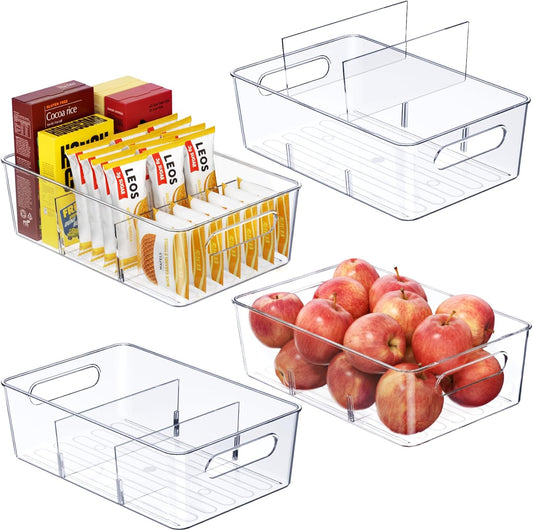 4 Pack Clear Pantry Organizers and Storage Bins with Divider, Transparent Plastic Basket, Refrigerator and Fridge Bins