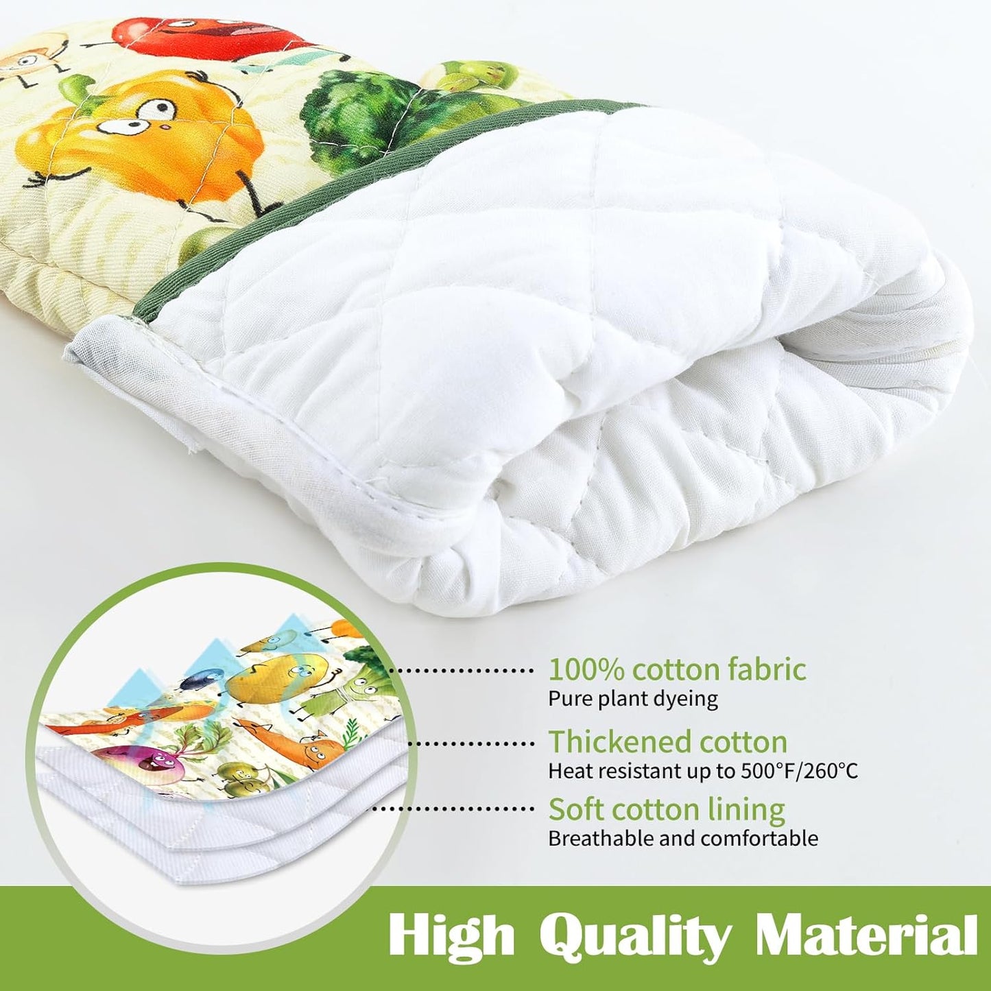 Vegetables Oven Mitts and Pot Holders Sets 4Pcs, 100% Cotton Heat Resistant, Extra Long Oven Gloves Potholder for Kitchen Cooking Baking Decoration