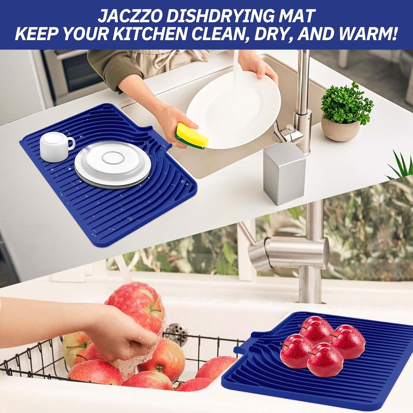 Silicone Dish Drying Mat for Kitchen Counter with Built-in Drain, Easy Clean Pad for Countertop Protection, Fast Self-Draining Slope, Non-Slip, Multiple Use 17.7 x 11.8 Inch (Midnight Blue)