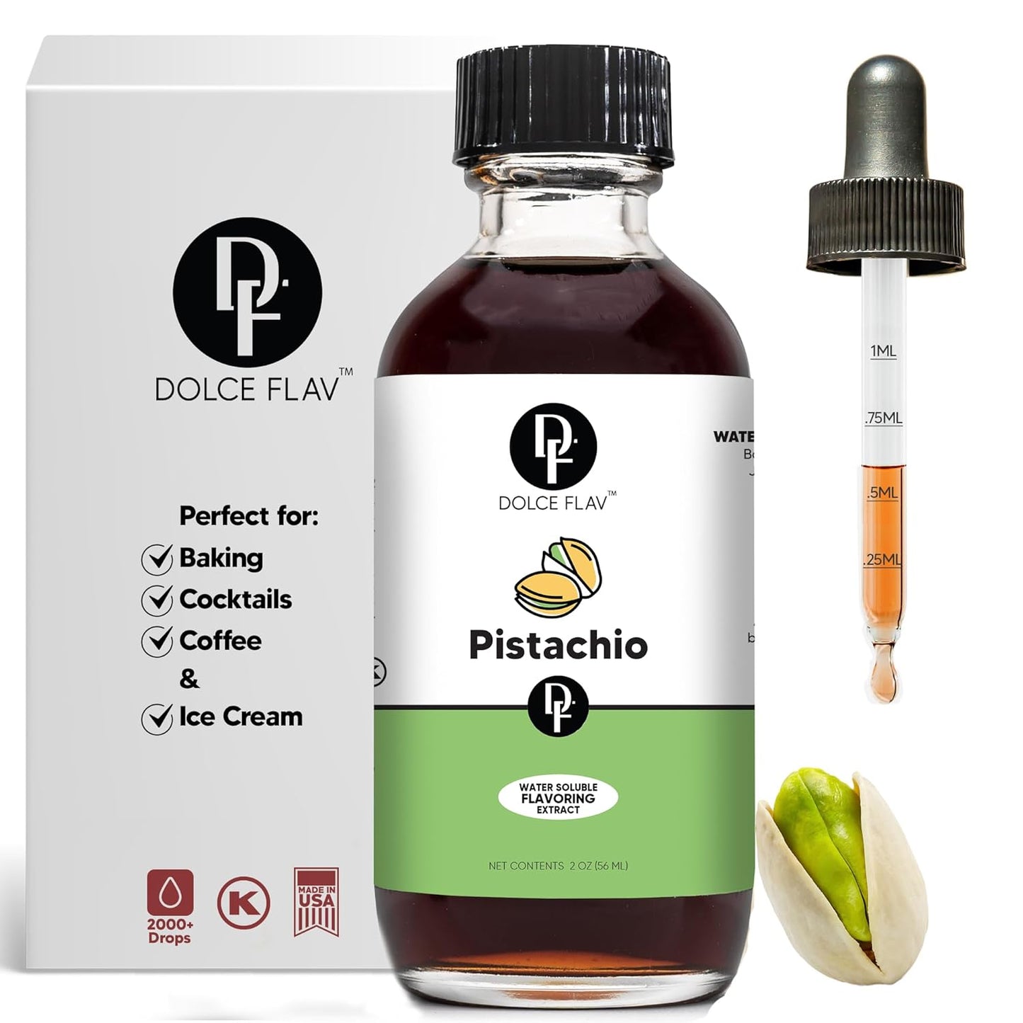 Dolce Flav Pistachio Extract – 2 Ounce Water-Soluble Kosher, Sugar-Free, Concentrated Nutty Pistachio Flavor for Baking, Ice Cream & Pastries, Includes Measured Dropper