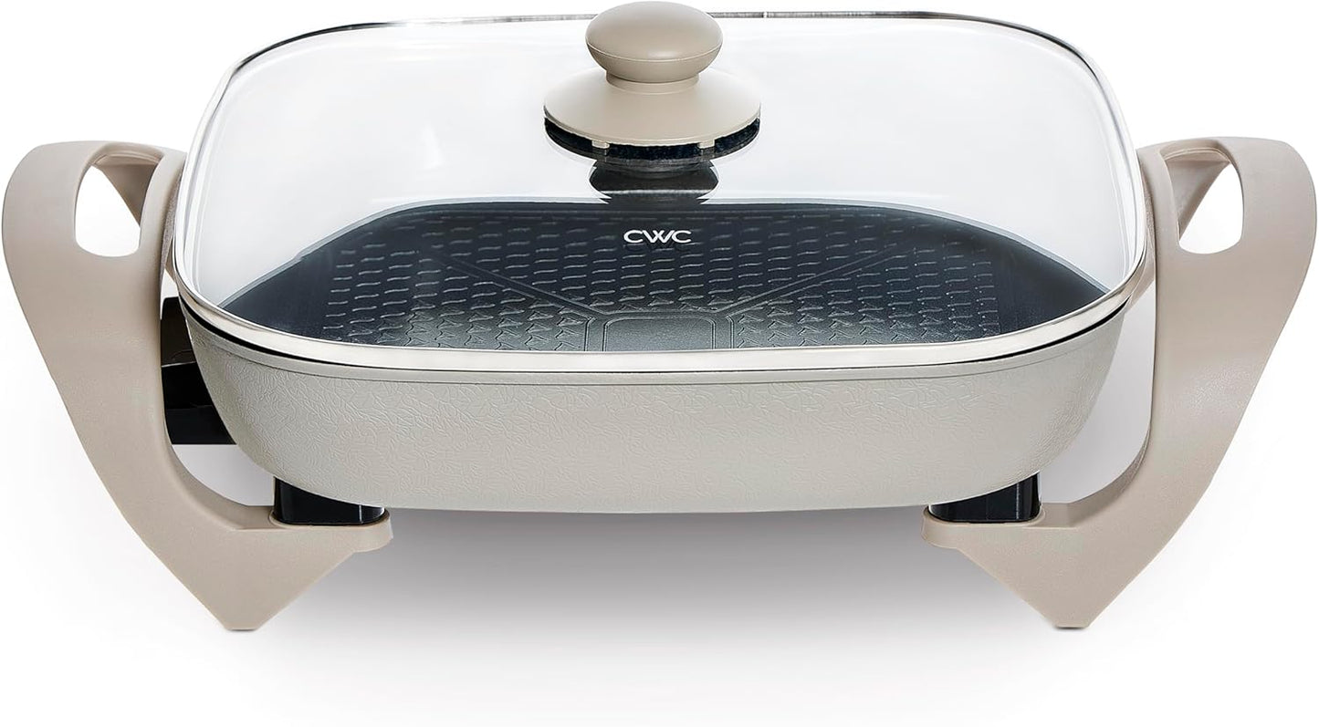 COOK WITH COLOR Electric Skillet - 12" x 12" Ceramic Nonstick Pan, PFAS-Free, 1400W, Tempered Glass Lid, Variable Temperature, Removable Heating Probe, Cool-Touch Handles, Sand