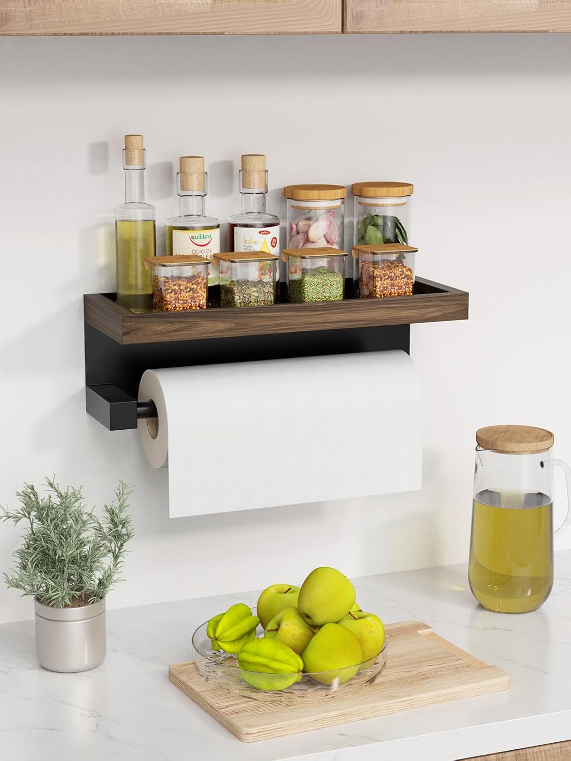 3-in-1 Paper Towel Holder Magnetic Adhesive Wall Mount - Paper Roll Holder with Shelf Under Cabinet, Kitchen Essentials for New Home Apartment Decor, RV Camper Organization Must Haves, Rustic