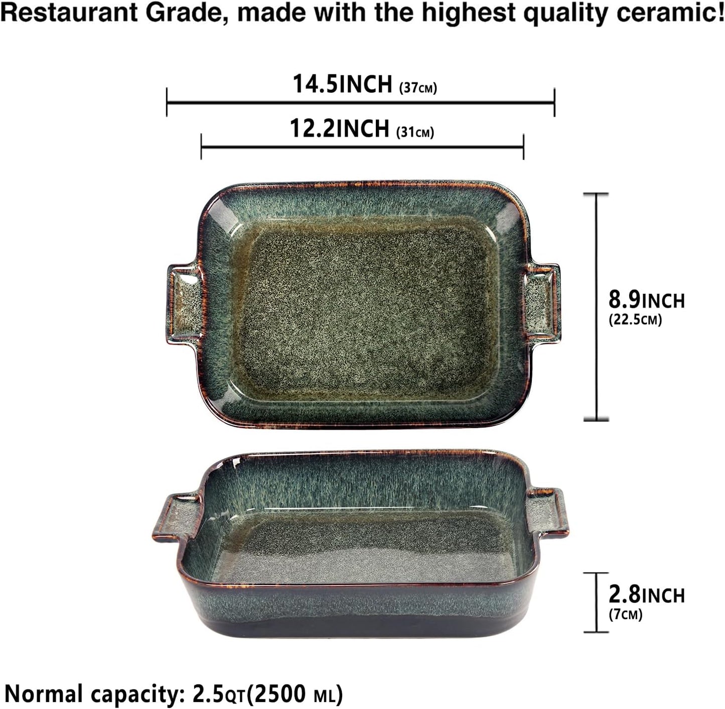 Ceramic Casserole Baking Dish 2.5 Quarts, for Baking Dish Lasagna Pans, Oven Safe Durable Bakeware for Kitchen Home Decor, Banquet and Dinner, Rectangular 1 pcs 12 x 8.5 Inch