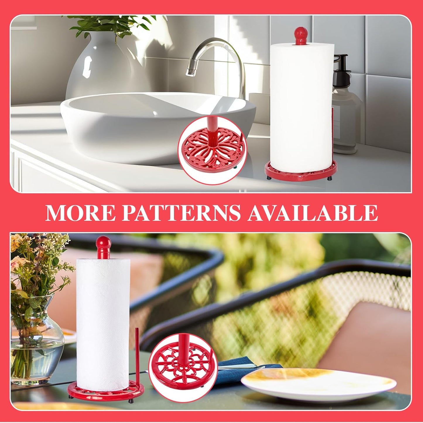 JOGREFUL Paper Towel Holder Stand, Cast Iron Kitchen Paper Towel Countertop Vintage Stand with Weighted-Base, Bathroom Organization for Family Standard Large Size Roll Paper, Leaf Top, Red