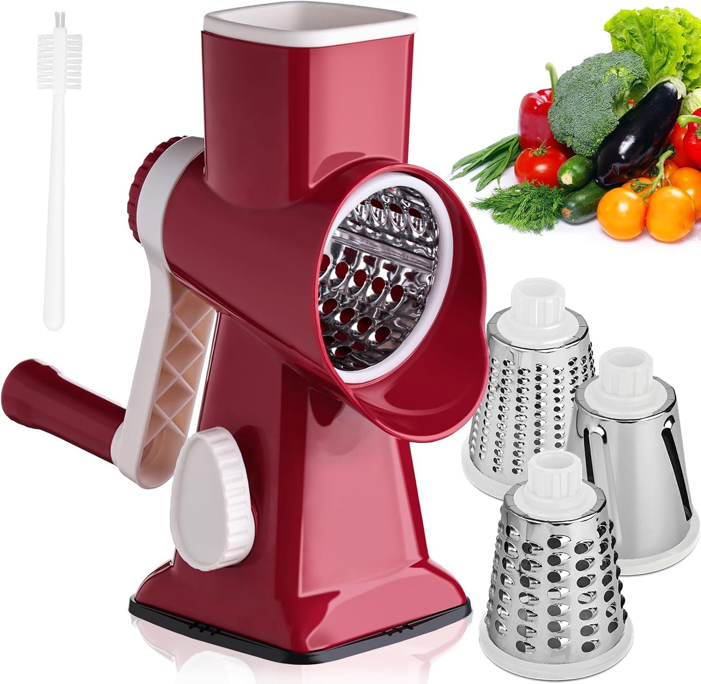 HANSGO Rotary Cheese Grater, Hand Crank Cheese Shredder, Vegetable Slicer for Kitchen, 3 Interchangeable Blades for Potatoes Carrots Onion Zucchini Nuts Chocolate Fruits, Red