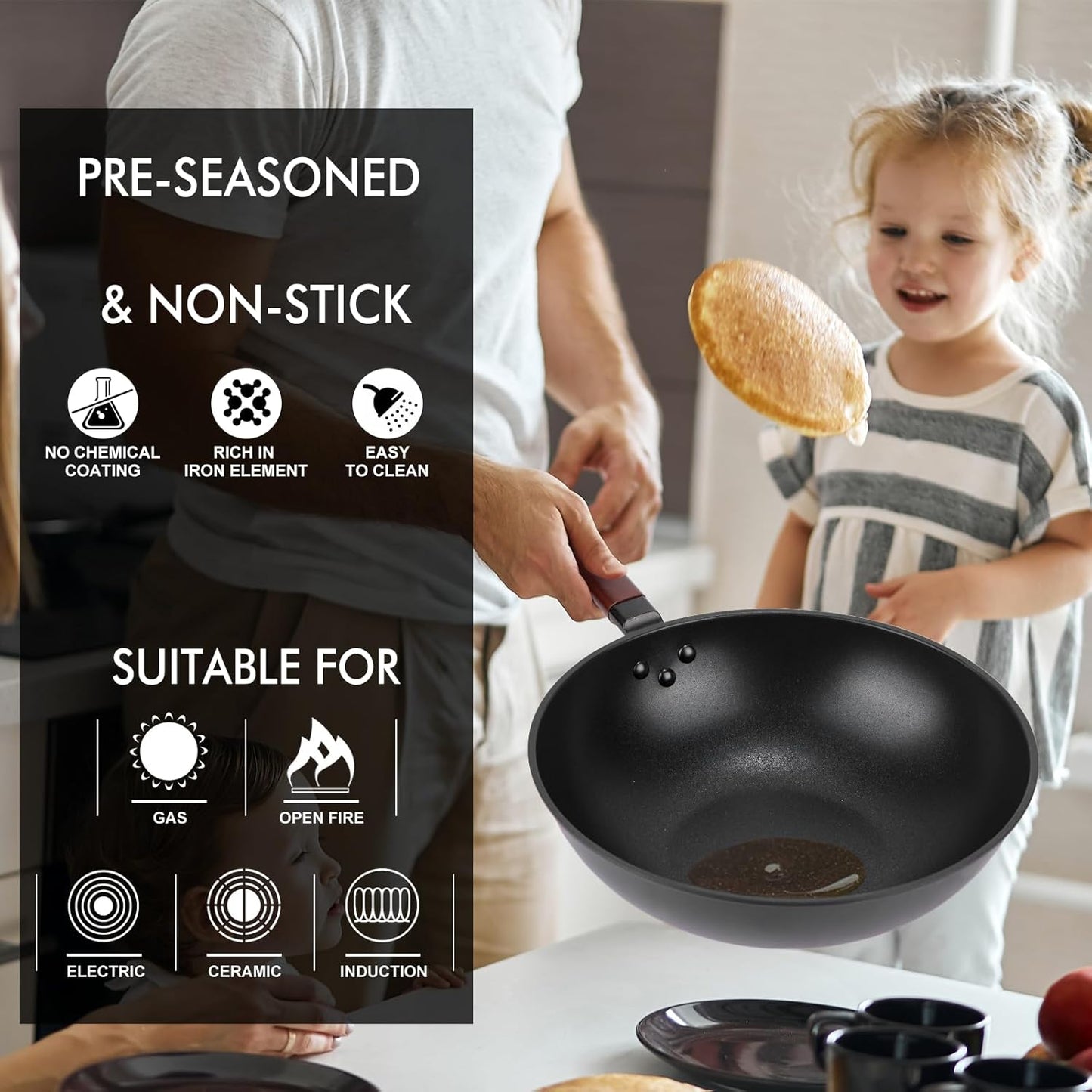 Carbon Steel Wok Pan - 13" Wok Pan with Lid, Woks & Stir-Fry Pans Nonstick with Spatula & Brush, Chinese Wok Flat Bottom Wok for Induction, Electric, Gas, All Stoves