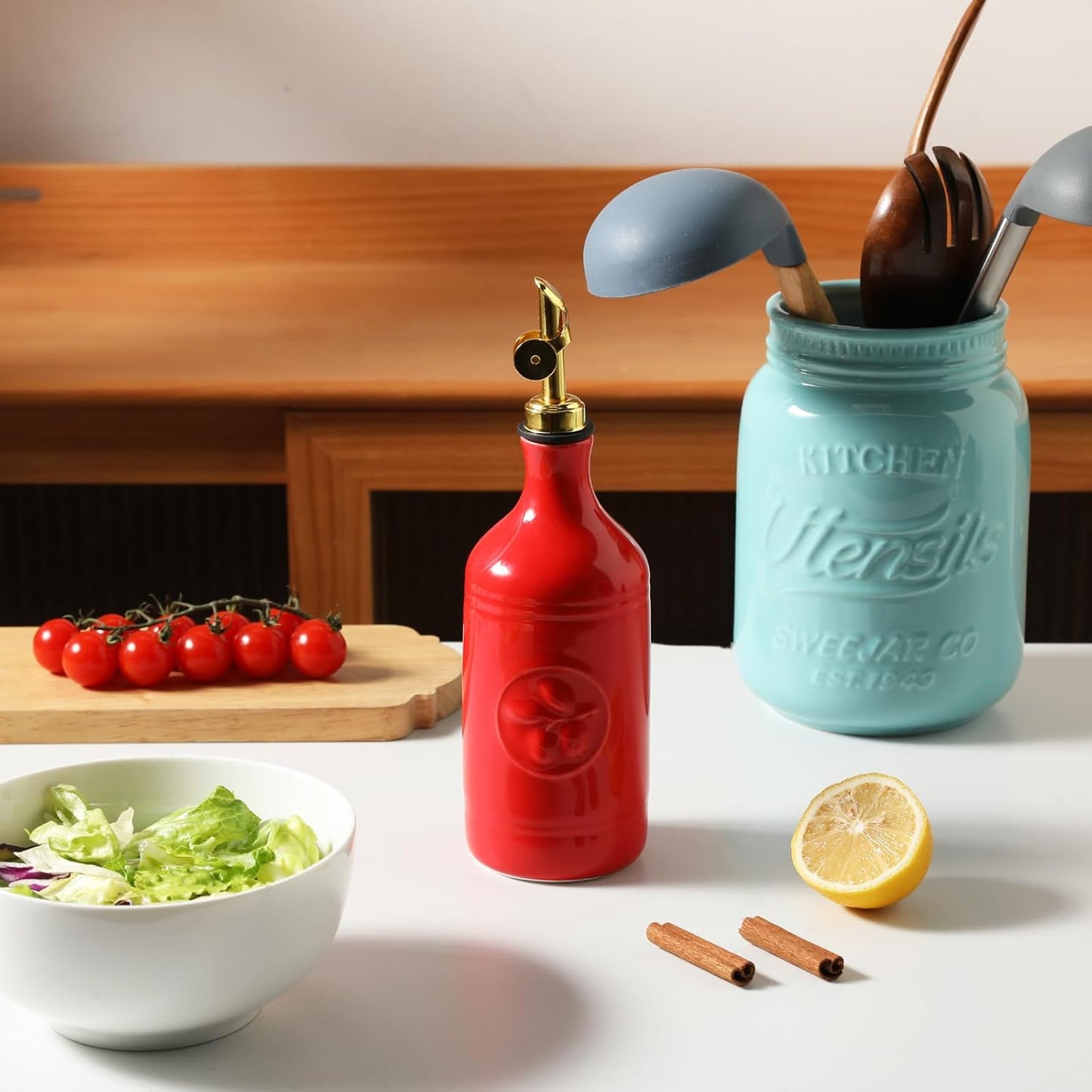 Sweejar 16 Oz Ceramic Olive Oil Dispenser Bottle, Oil Dispenser for Kitchen with Gravity Spout, Relief Opaque Vinegar Container for Evoo, Soy Sauce, 1 Pack(Red, Gold Spout)