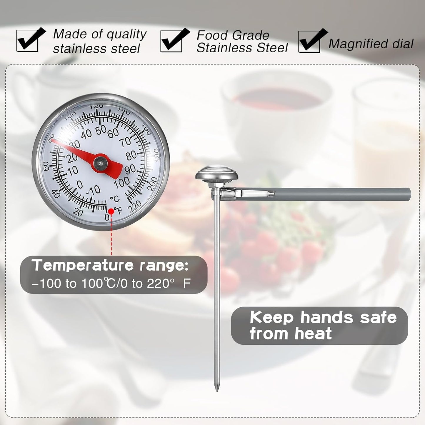 Xuhal 3 Pcs Stainless Steel Kitchen Thermometer with 5 Inch Long Stem 1 Inch Dial Thermometer Milk Frothing Food for Oven Probe Meat Grill BBQ Cooking Chocolate Water (Gray,Green,Blue)