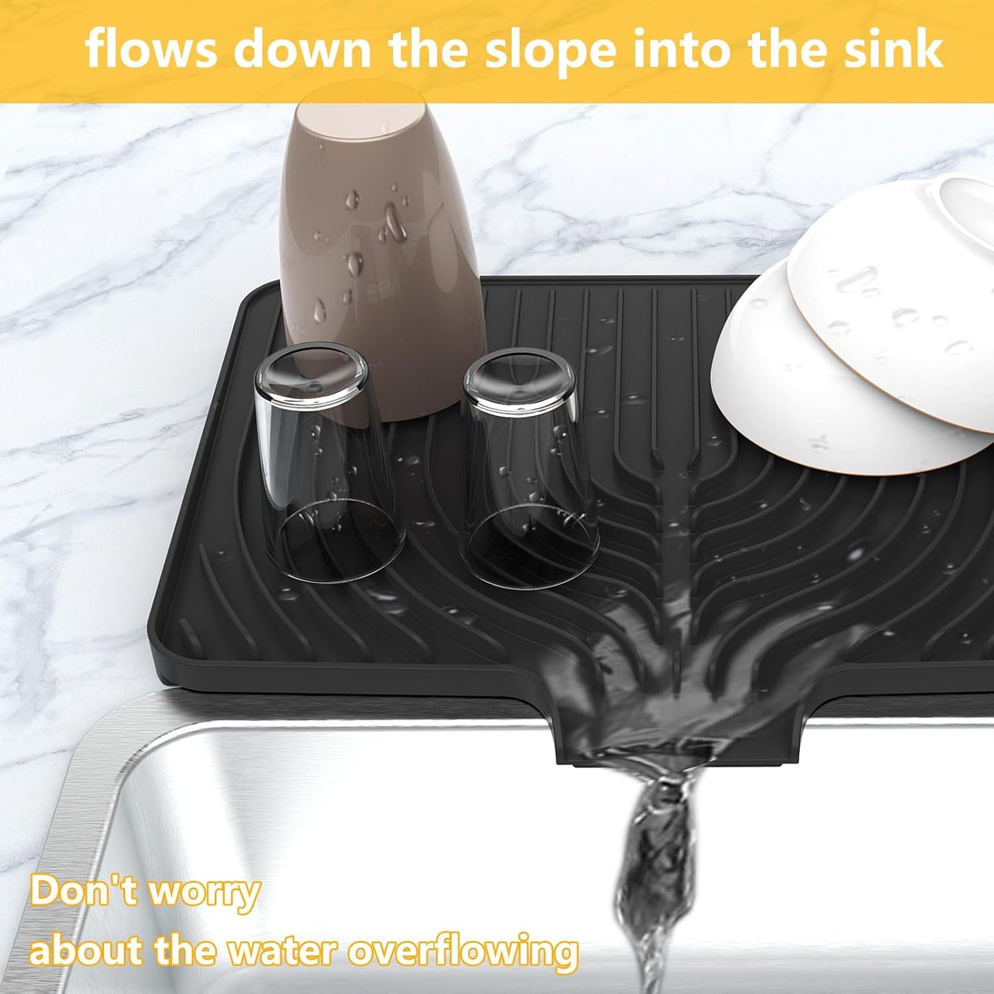 Kitchen Drying Mat,Raised Edge 18"×12"Silicone Dish Drying Mat with Drain Spout for Kitchen Counter, Kitchen Mat for Dishes Drying, (black)