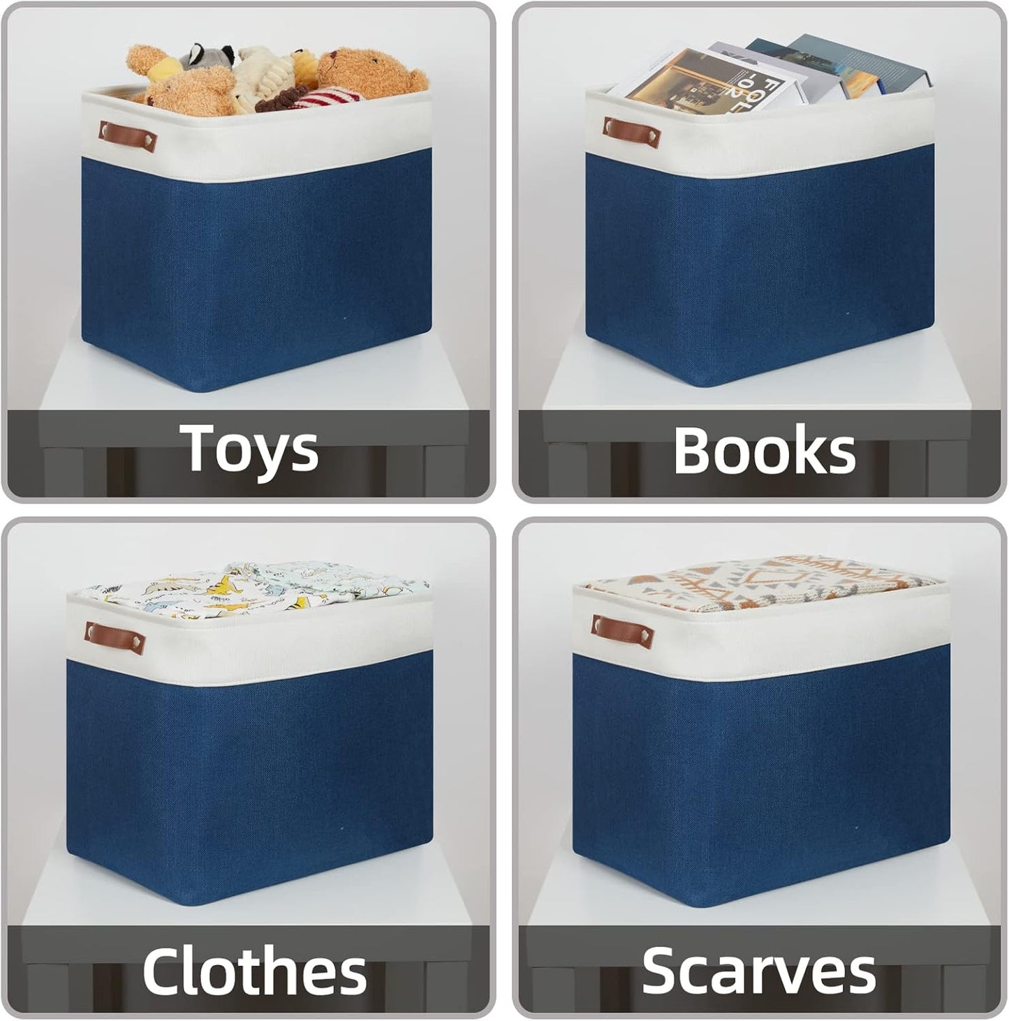 HNZIGE Storage Baskets for Organizing, Set of 2, Foldable Storage Bins Navy Blue Tall Baskets for Shelves, Canvas Collapsible Storage Bins with Handles for Storage Closet Linen(White Blue)