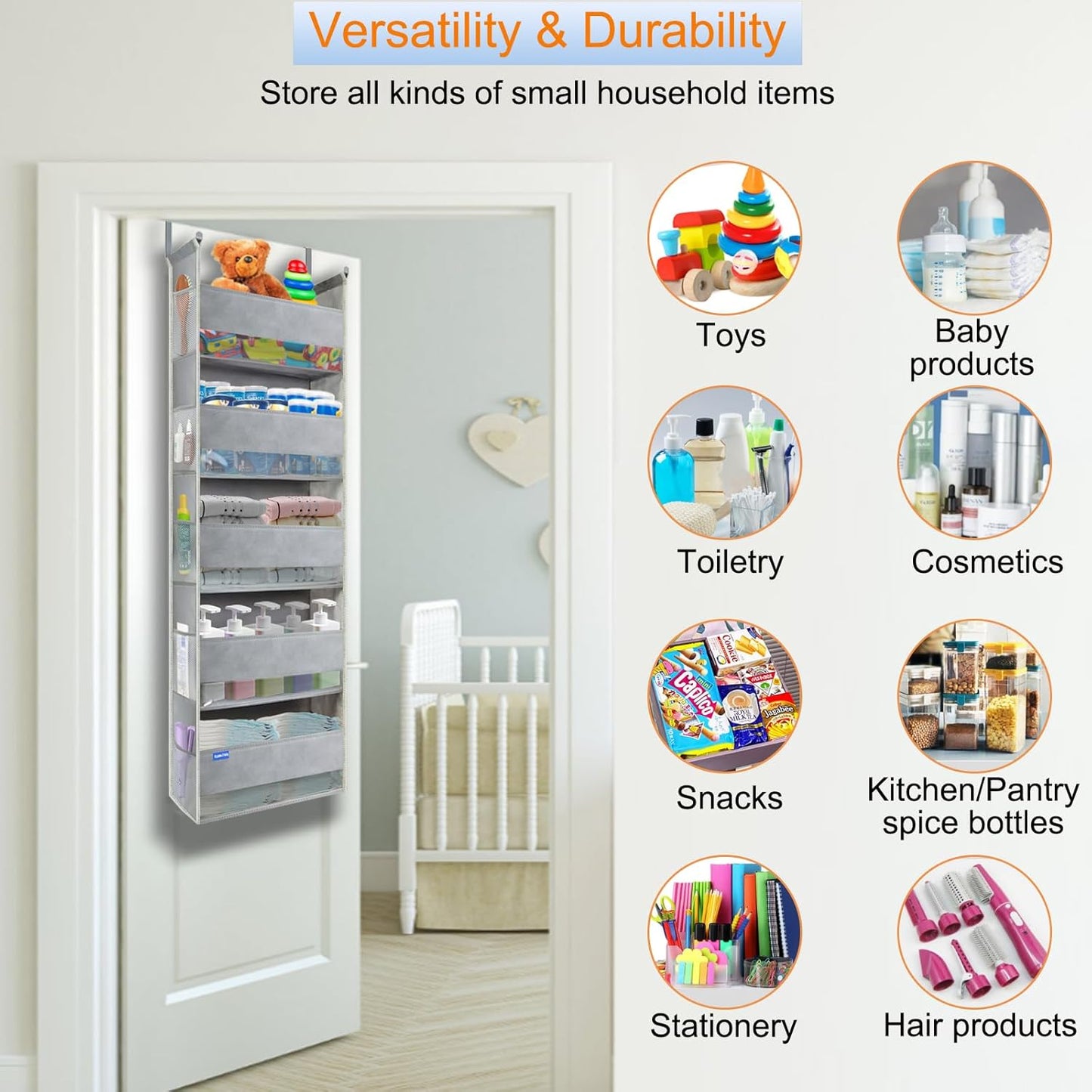 Extra Large Over The Door Organizer Storage 5-Shelves and 10 Side Pockets, Heavy Duty Hanging Door Organizer for Closet Bathroom Bedroom Nursery Pantry, Grey